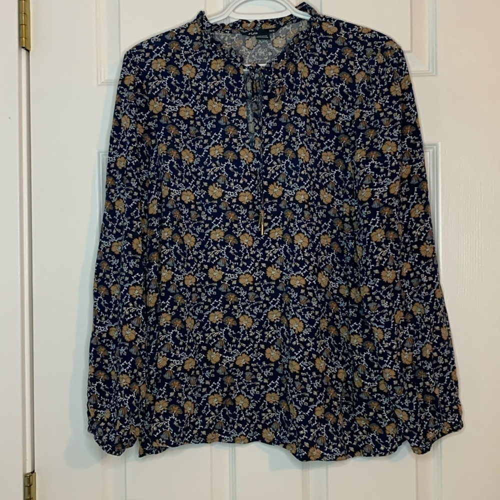 Lois Navy Brown Floral Peasant Blouse Women’s Size XL Frilly Neck Long Sleeve